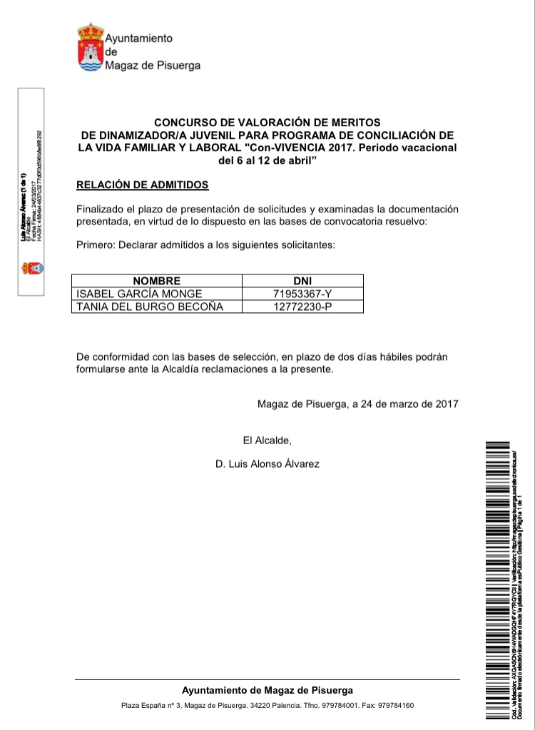 Listado de admitidos dinamizador juvenil ABRIL 2017