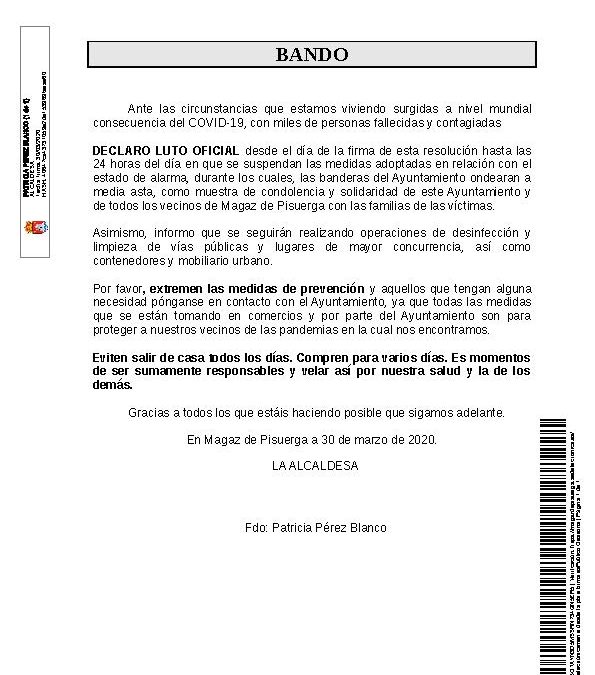Bando – Declarado Luto Oficial y extremar medidas de prevención