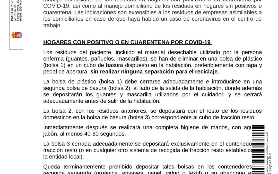 Bando – Hogares con positivo o en cuarentena por Covid-19
