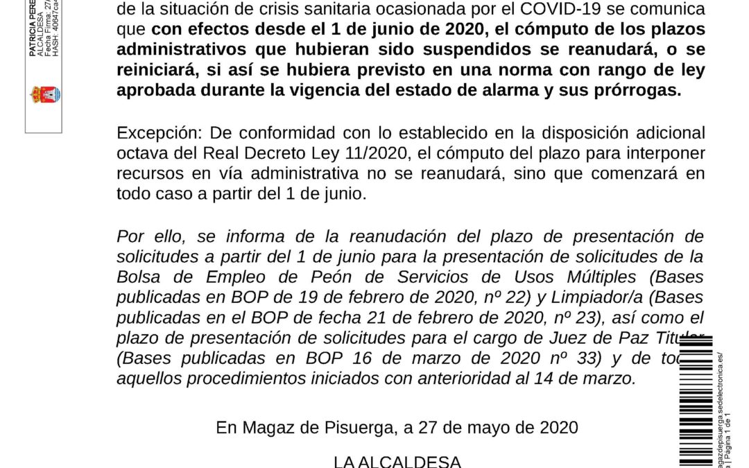 Reanudación plazos administrativos