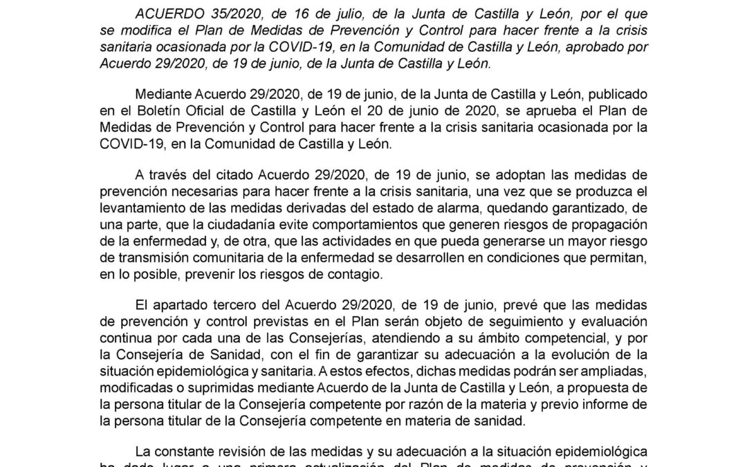 ACUERDO 35/2020 de la Junta de Castilla y León se modifica el Plan Covid-19